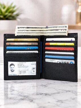 Men Lambskin Leather Long Wallet with Multi Card Holder, Black